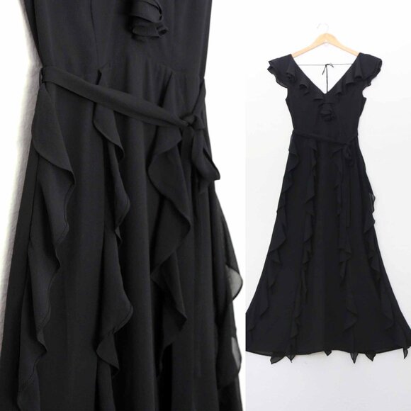 Bardot Emily Frill Maxi Dress with Ruffle Overlay 4 XS Black Dark Romantic $129 - Picture 4 of 16